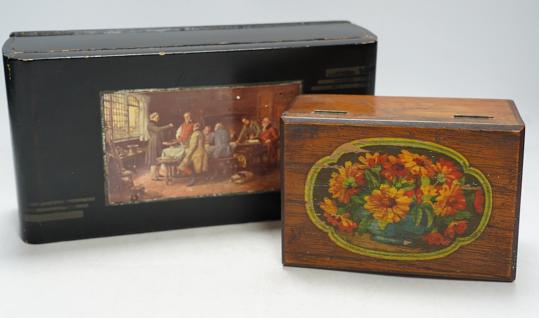 Five Victorian and later boxes to include a brass bound mahogany writing box and an inlaid work box, largest 40cm wide. Condition - poor to fair